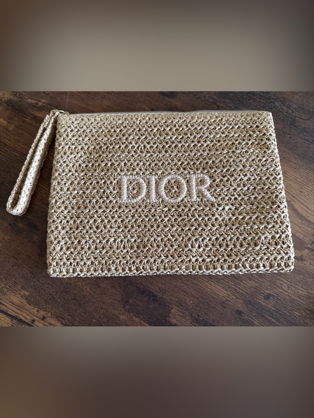 Dior Beige Woven Straw Wristlet Clutch